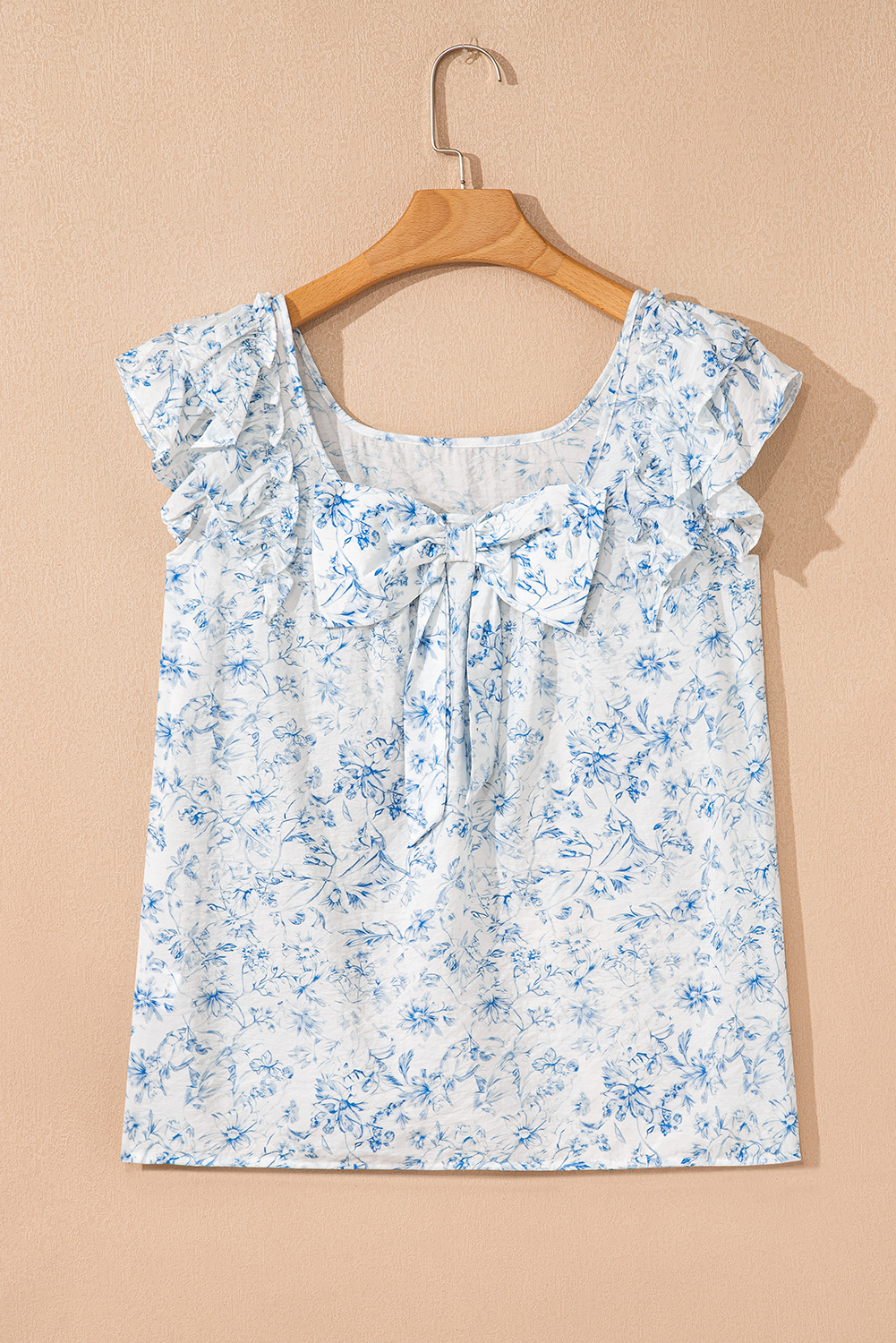 Beau Blue Textured Bow Knot Frilled Butterfly Sleeve Blouse - loveforevers