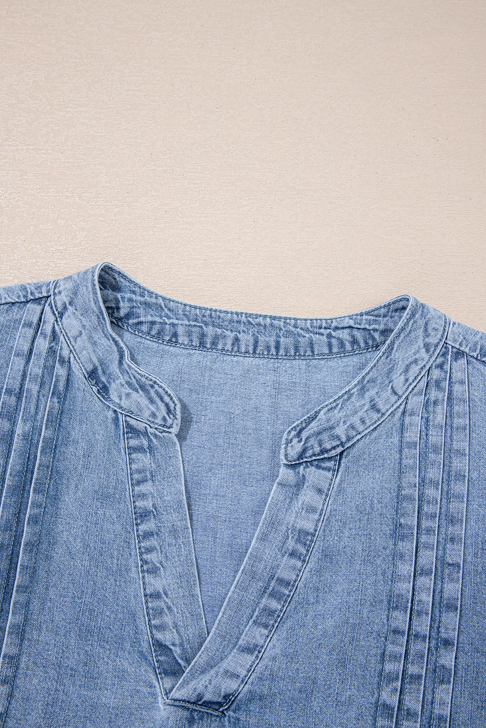 Myosotis Pintuck Pleats Puff Sleeve Split V Neck Summer Denim Top - loveforevers