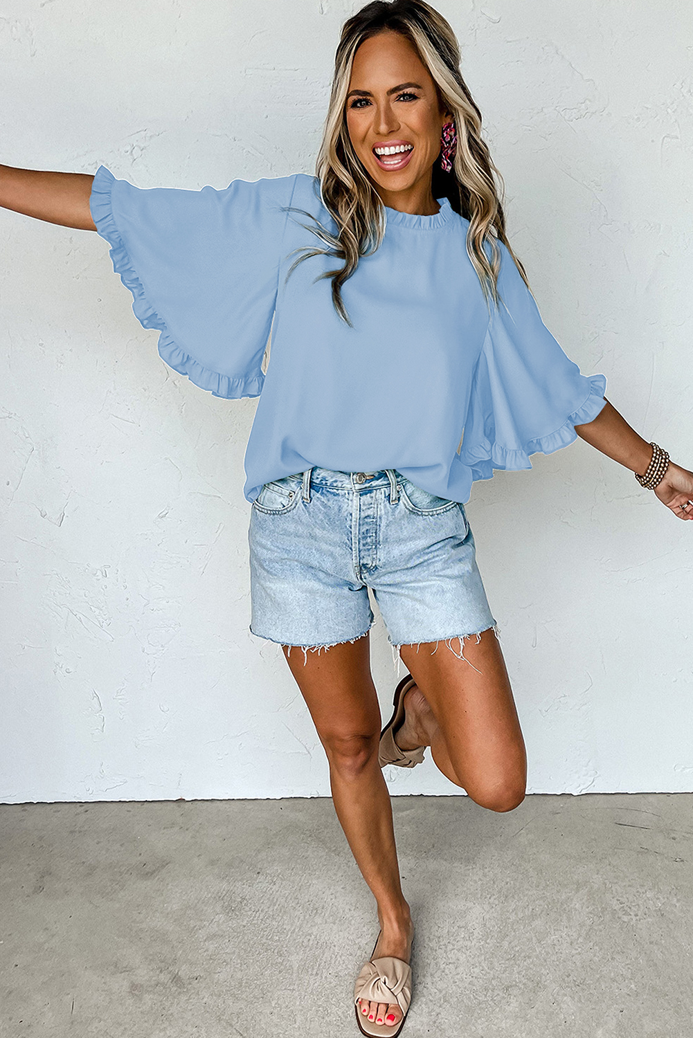 Green Frilly Round Neck Wide Half Sleeve Blouse - loveforevers
