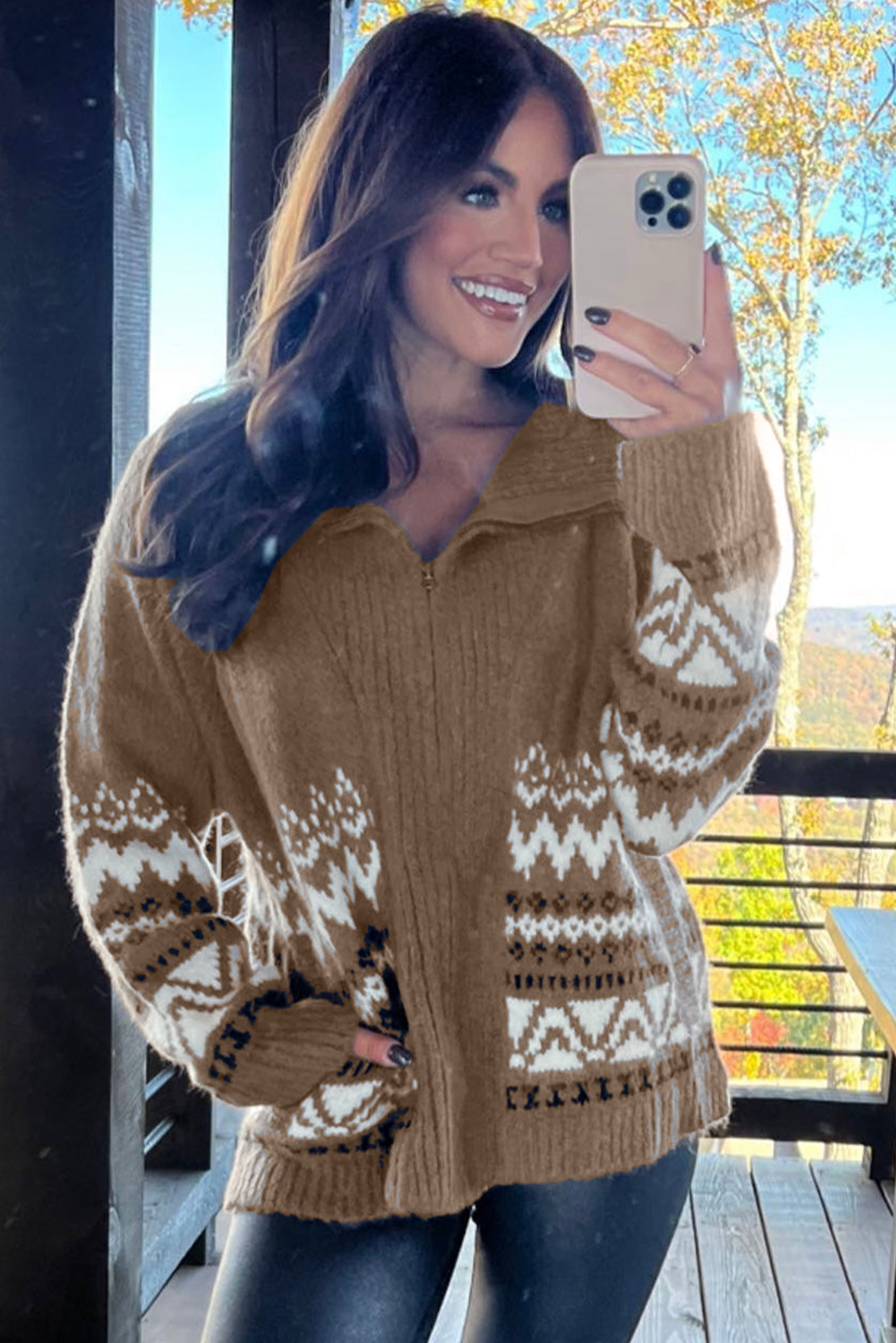 Brown Western Printed Ribbed Trim Collared Zip up Cardigan - loveforevers