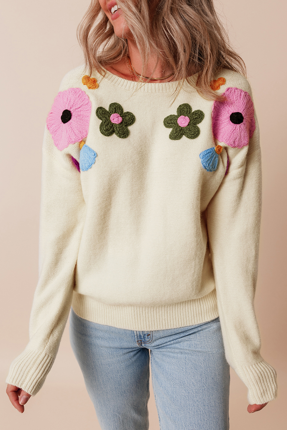Pink Knitted Flower Pattern Ribbed Edge Sweater - loveforevers