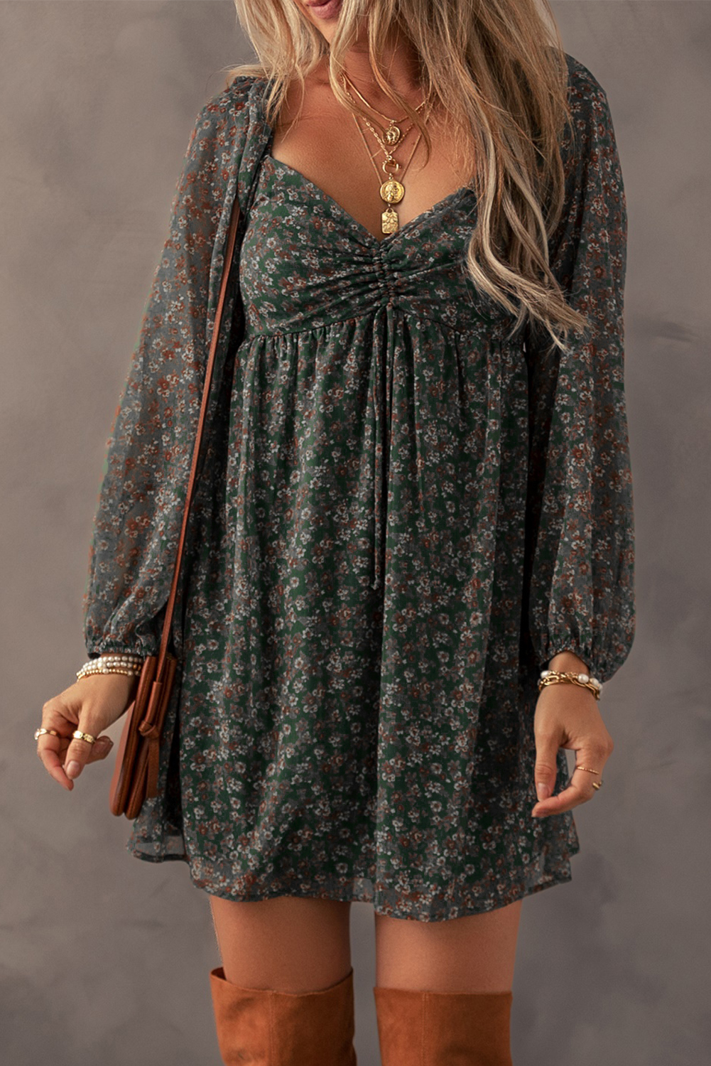 Green Floral Print Sweetheart Neck Shirred Back Mini Dress - loveforevers