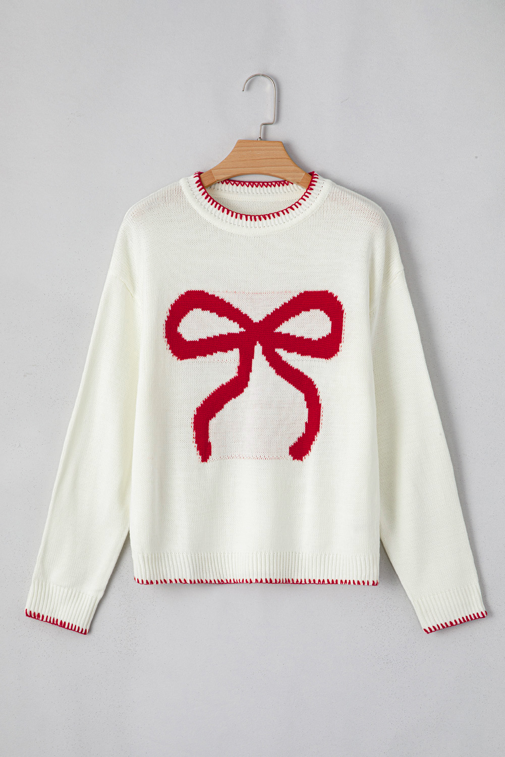 White Bow Pattern Contrast Trim Christmas Loose Graphic Sweater - loveforevers