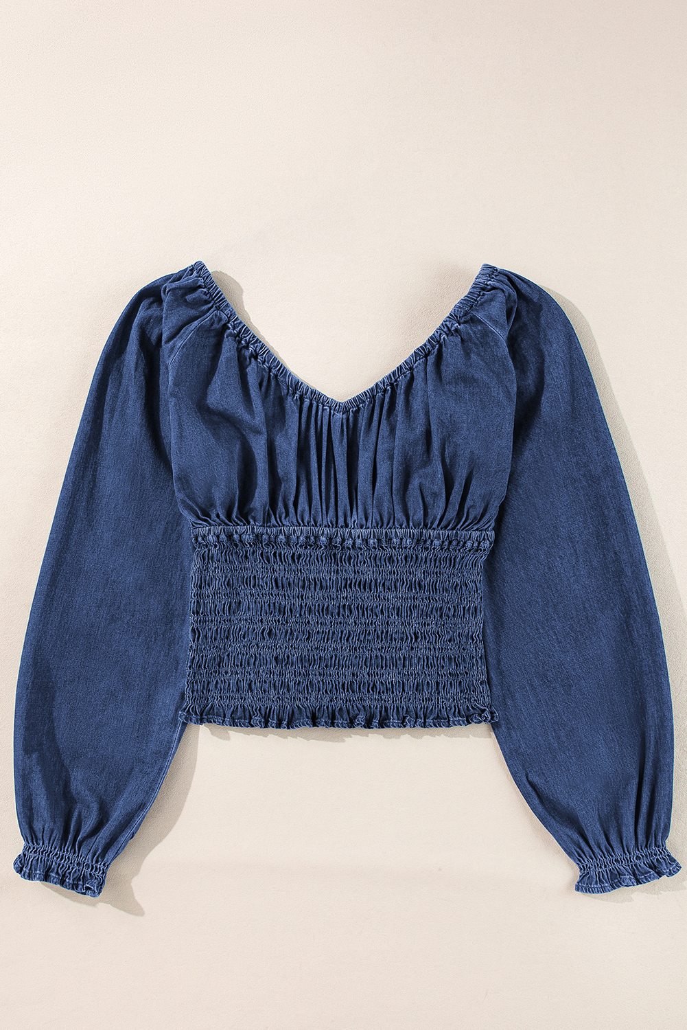 Dark Blue Smocked Ruffled Puff Sleeve V Neck Denim Blouse - loveforevers