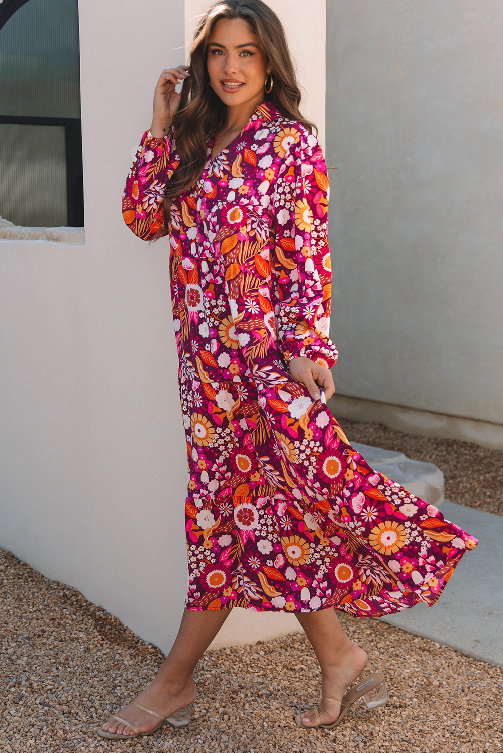 Purple Collared Tiered Flowy Long Dress - loveforevers
