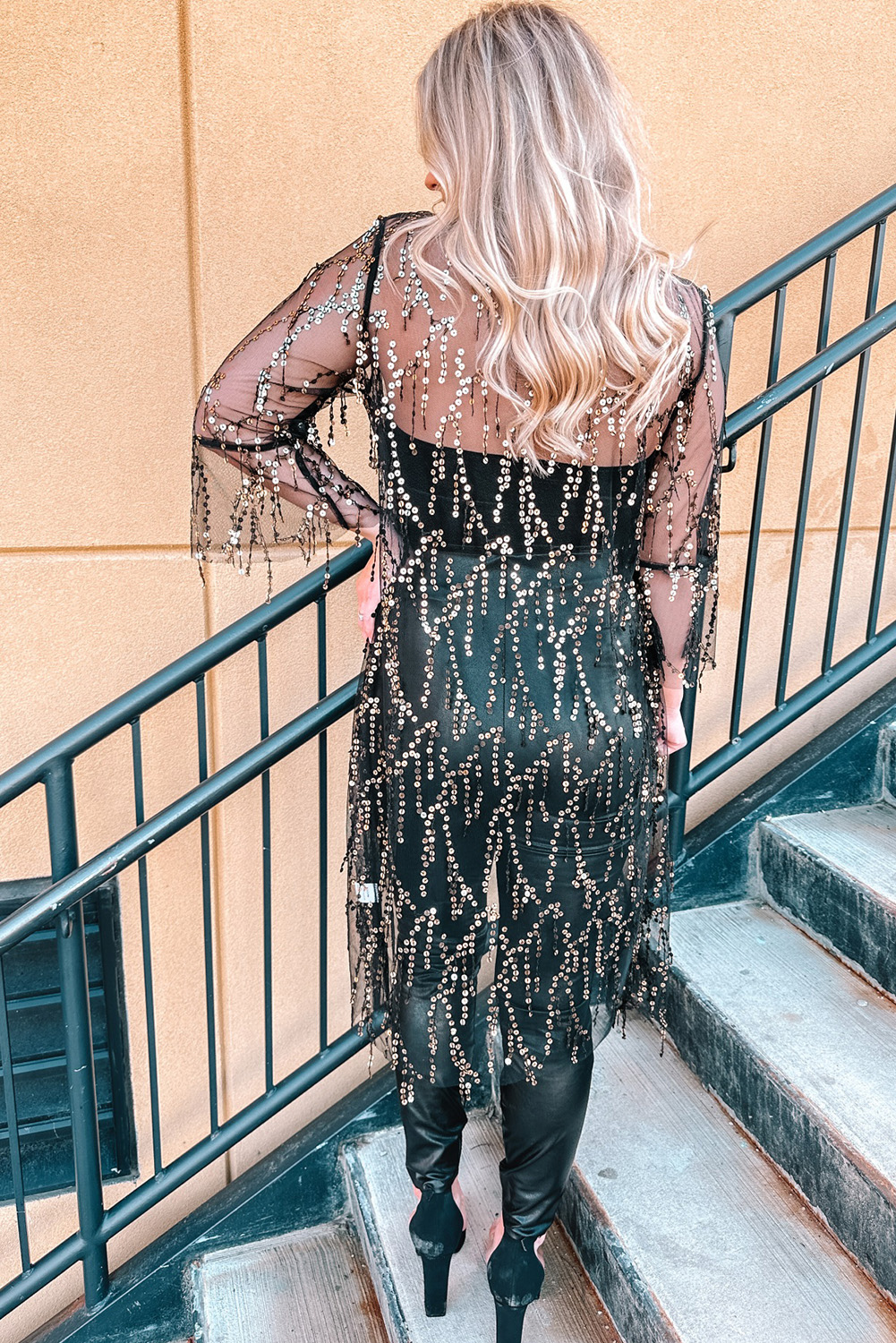Black Sequin Sheer Long Sleeve Open Front Kimono - loveforevers