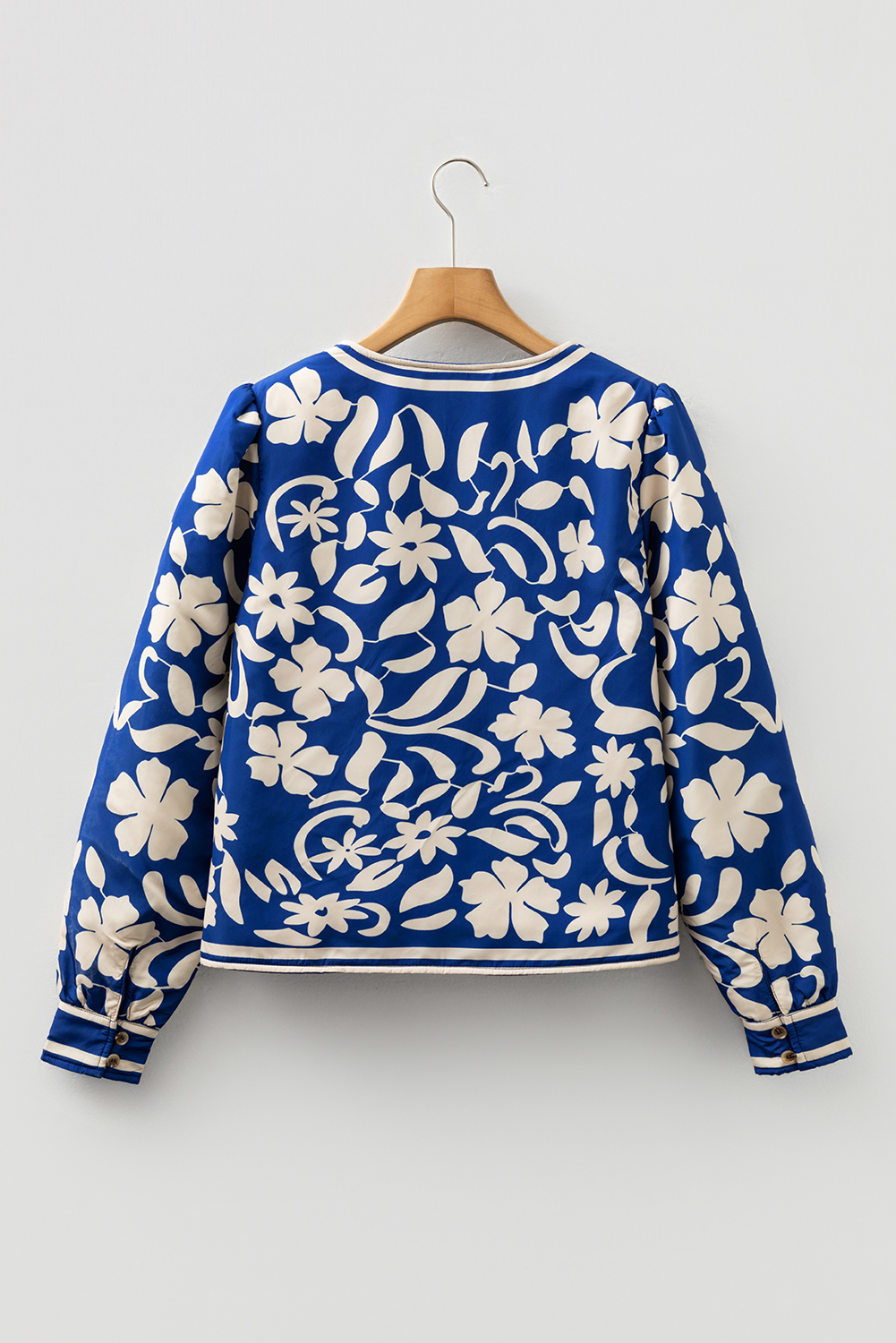 Blue Flower Print Open Front Buttoned Cuffs Elegant Jacket - loveforevers