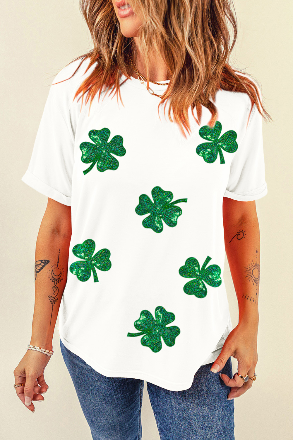 White Sequin Lucky Clover Graphic Crewneck Tee - loveforevers