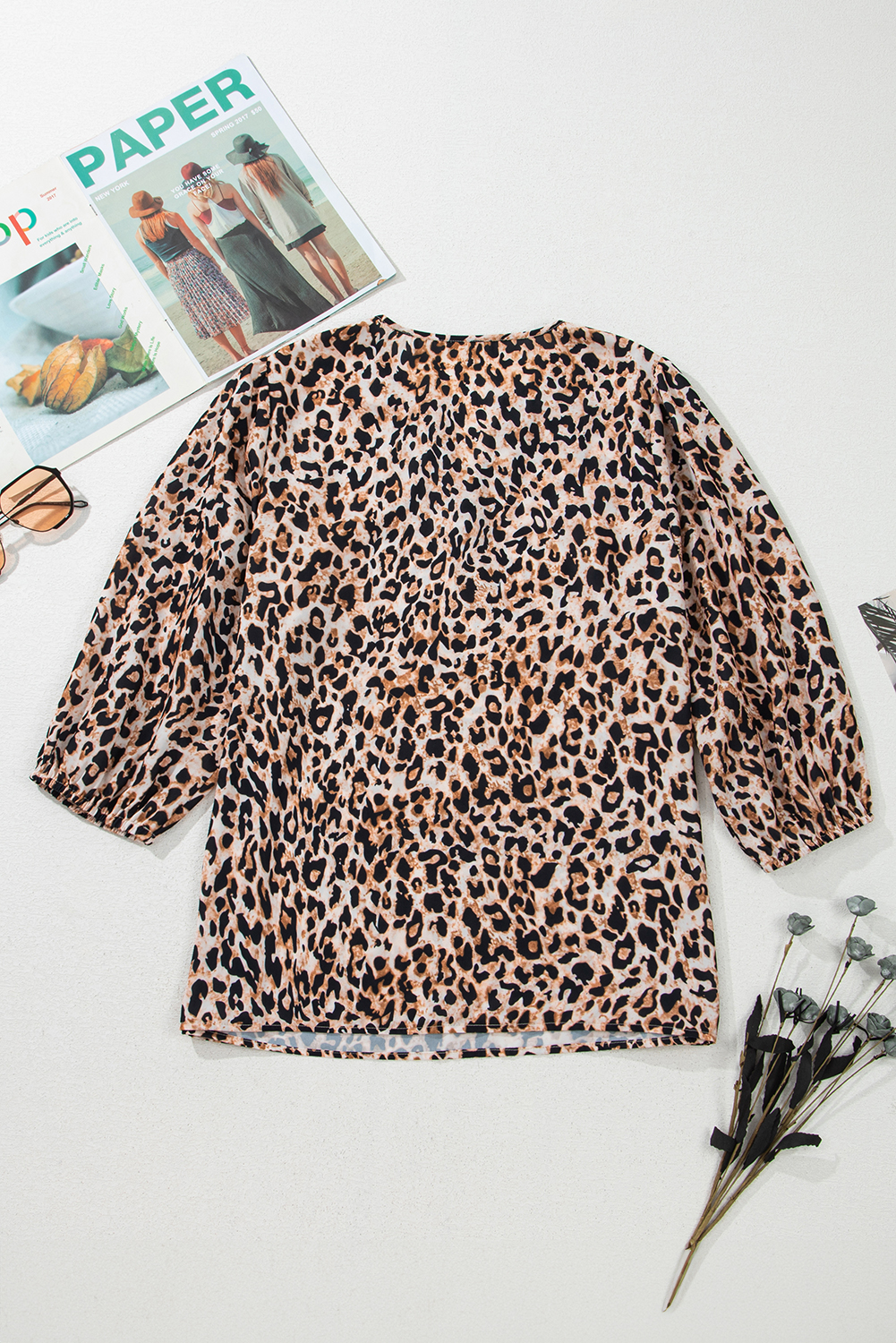 Apricot Leopard V Neck Half Sleeve Blouse - loveforevers