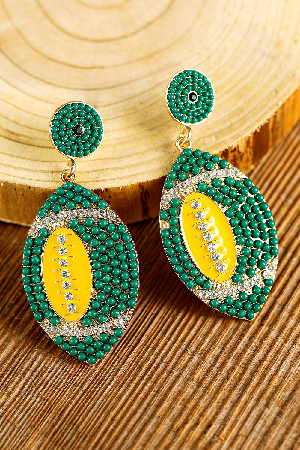 Dark Green Beaded Rhinestone Rugby Football Drop Earrings - loveforevers