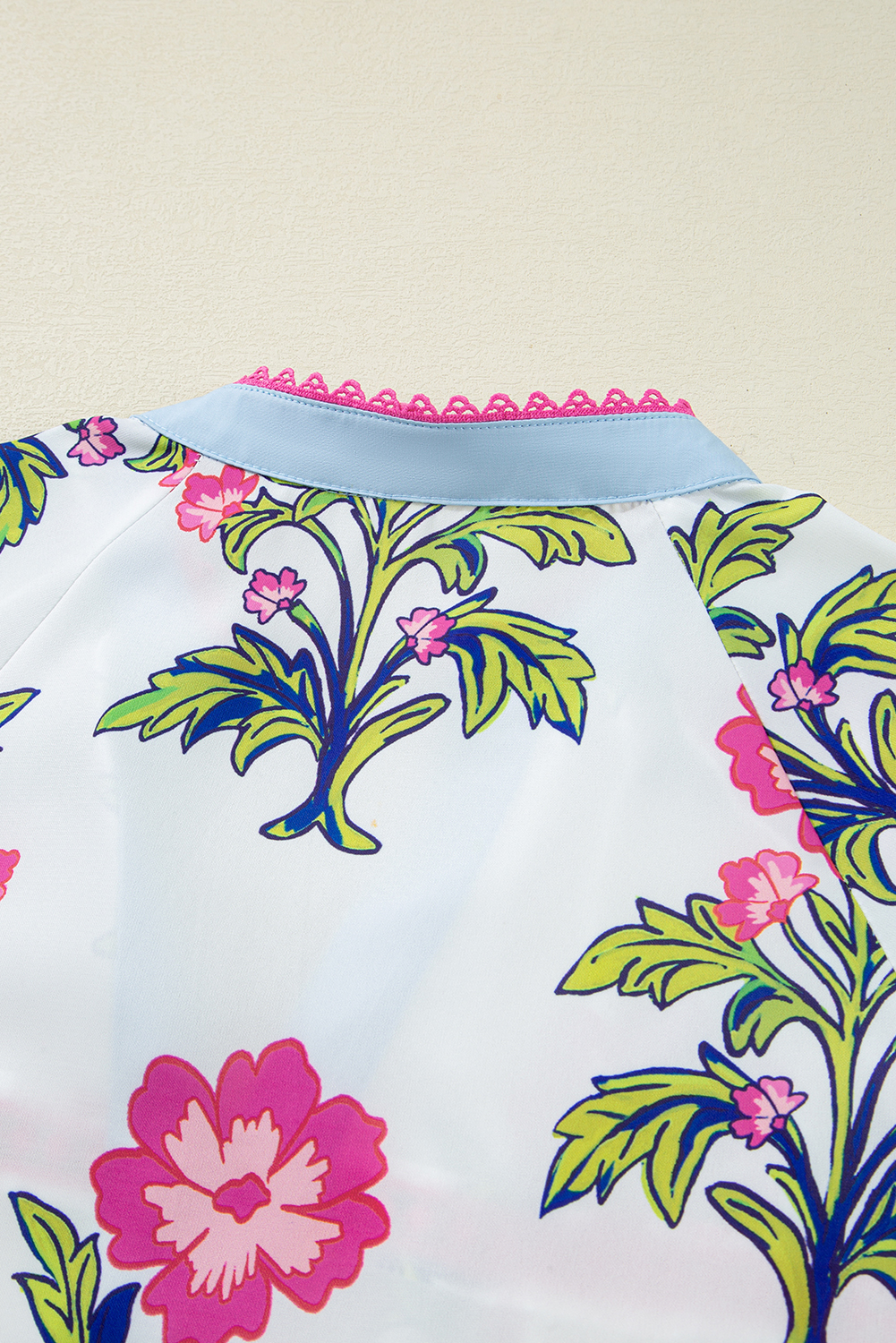 Rose Vintage Floral Print Contrast Notched V Neck Plus Size Summer Blouse - loveforevers