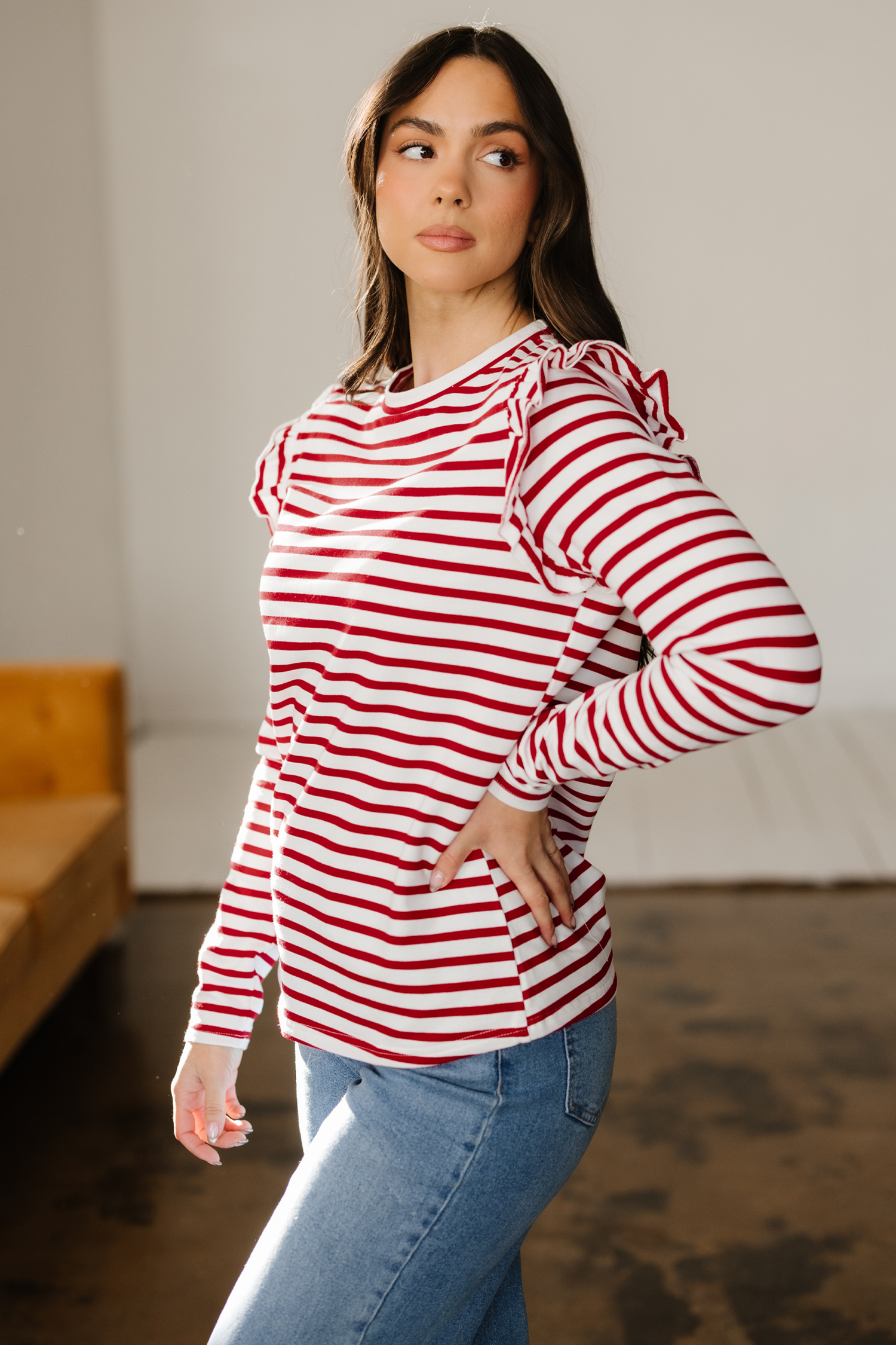 Red Stripe Round Neck Ruffle Trim Long Sleeve Top - loveforevers