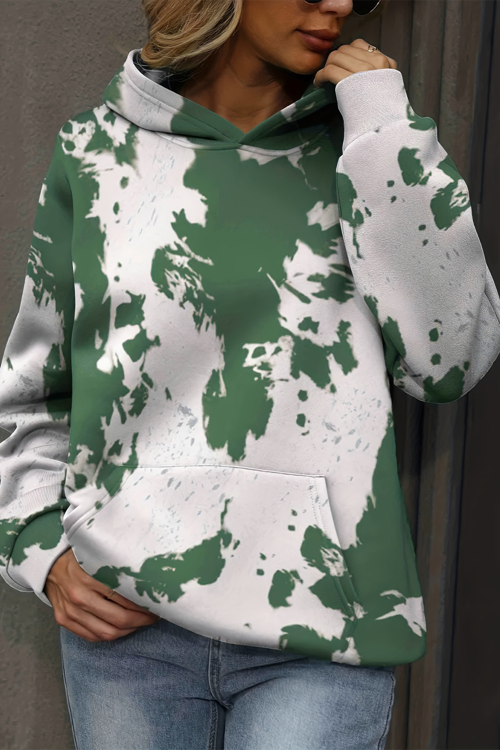 Green Tie Dye Print Kangaroo Pocket Loose Hoodie - loveforevers