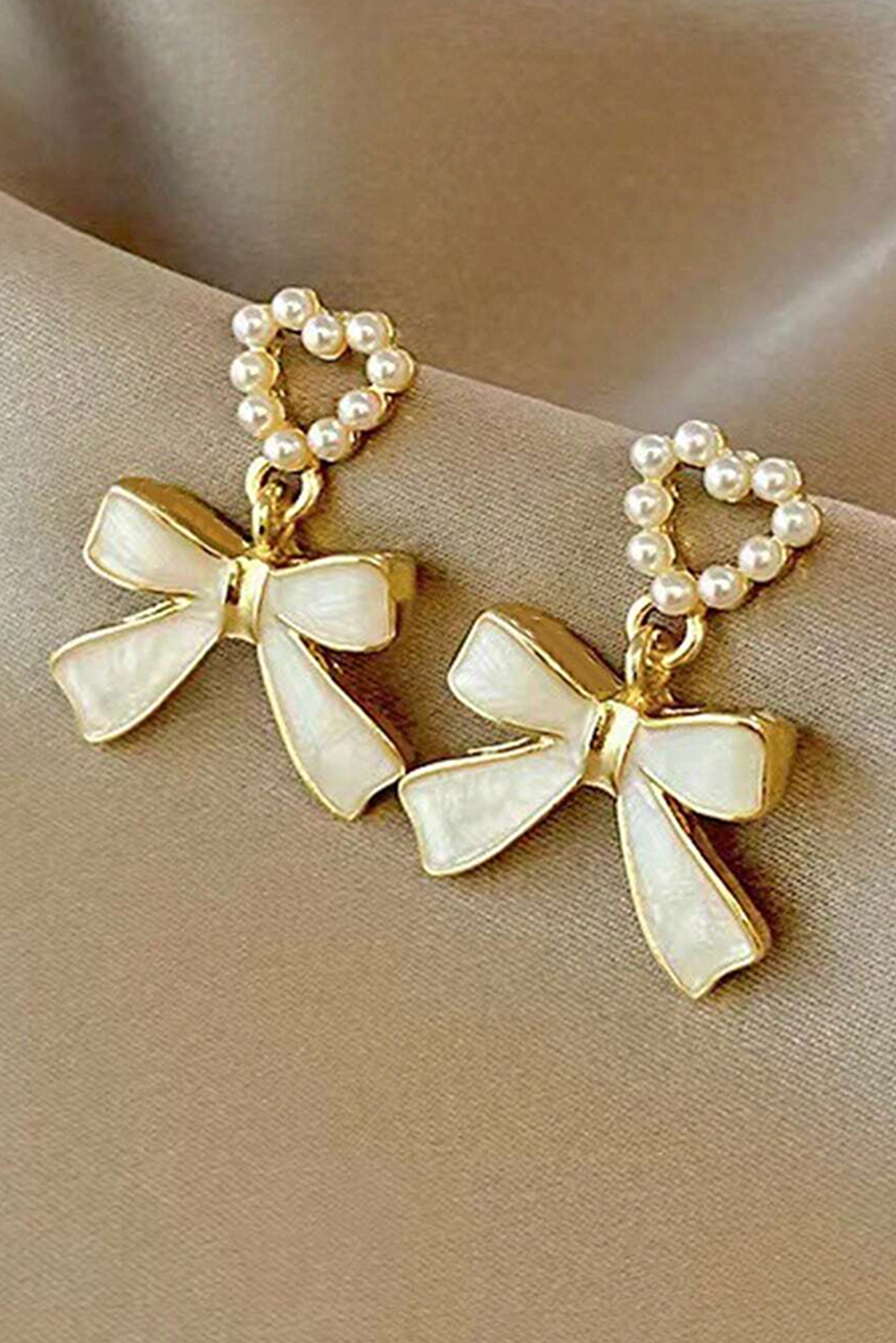 Gold Pearled Heart Shape Bow Knot Dangle Earrings - loveforevers
