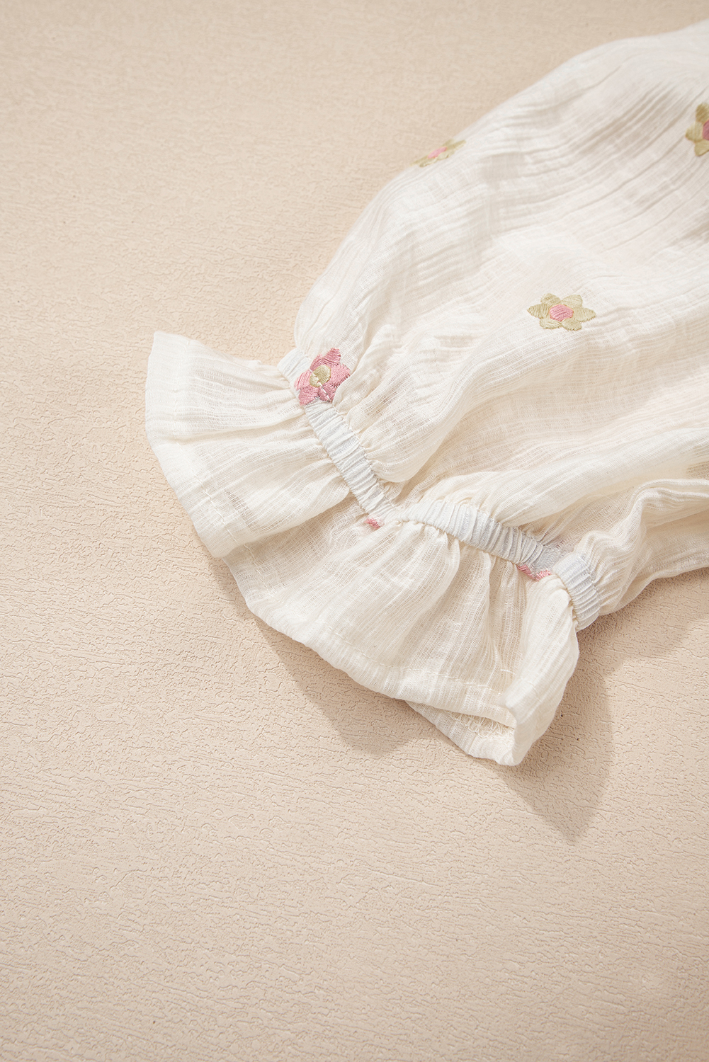 Beige Embroidered Flower Smocked Bust Half Puff Sleeve Empire Waist Textured Flowy Dress - loveforevers