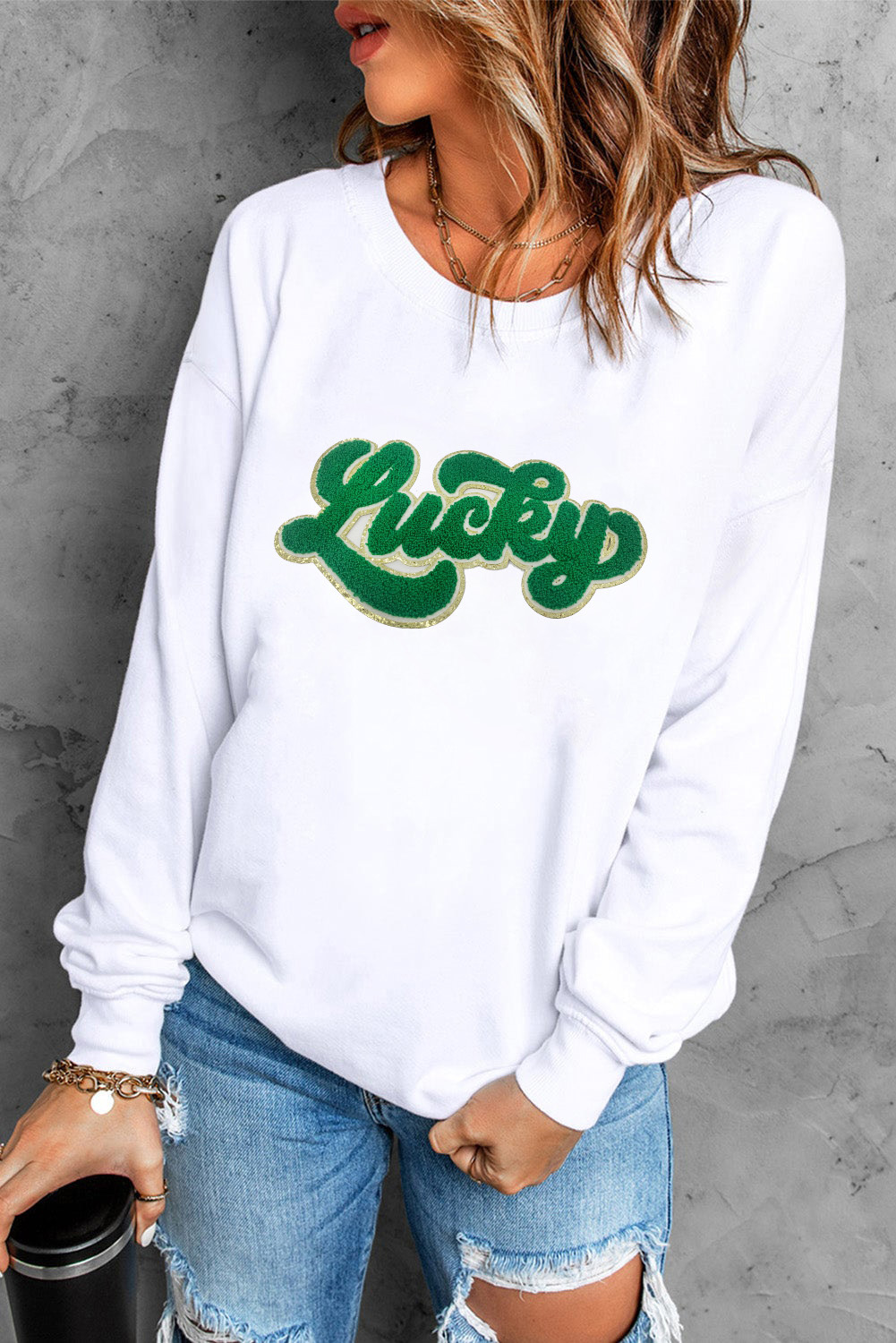 White Shiny Trim Chenille Lucky Pattern Sweatshirt - loveforevers