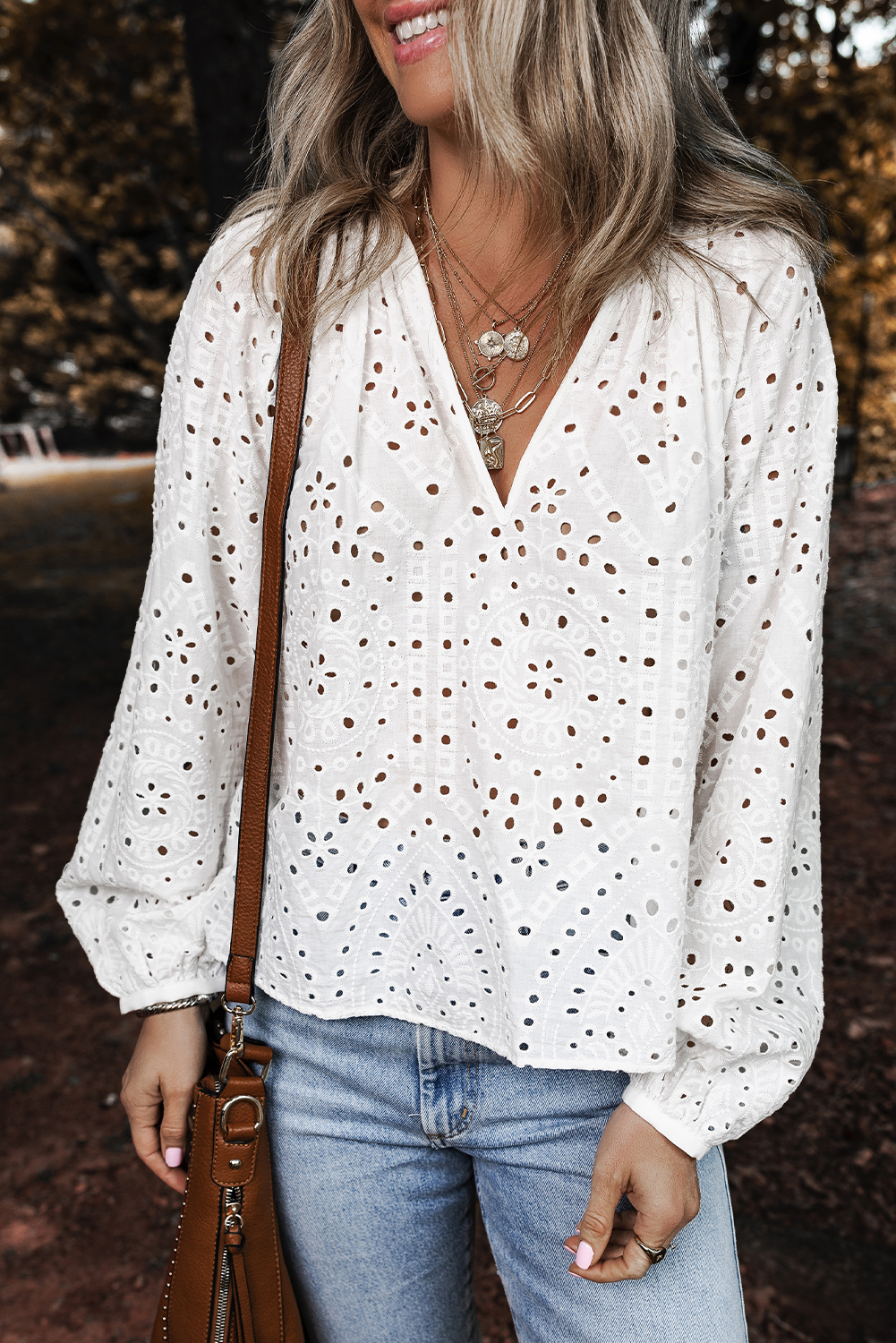White Eyelet Embroidered Puff Sleeve V Neck Blouse - loveforevers