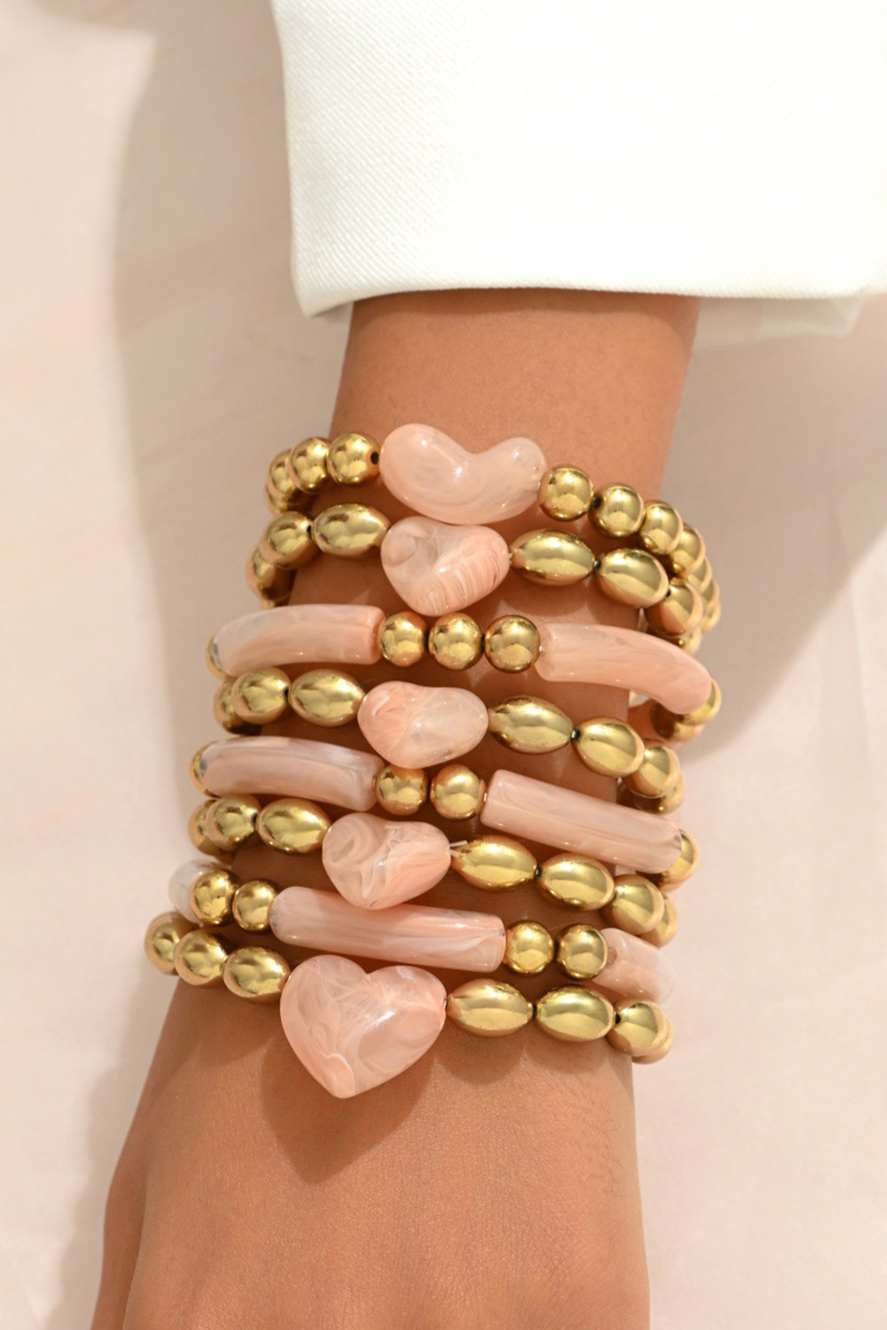Gold Plated Bead Acrylic Detail 3D Heart Accent 8pcs Bracelet Set - loveforevers
