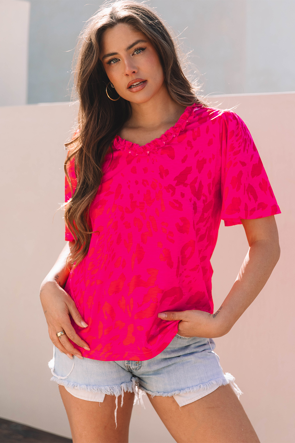 Rose Leopard Frilly V Neck Short Sleeve Blouse - loveforevers