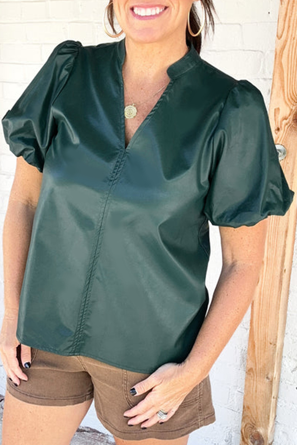 Sea Green  Notched V Neck Short Puff Sleeve PU Leather Blouse - loveforevers