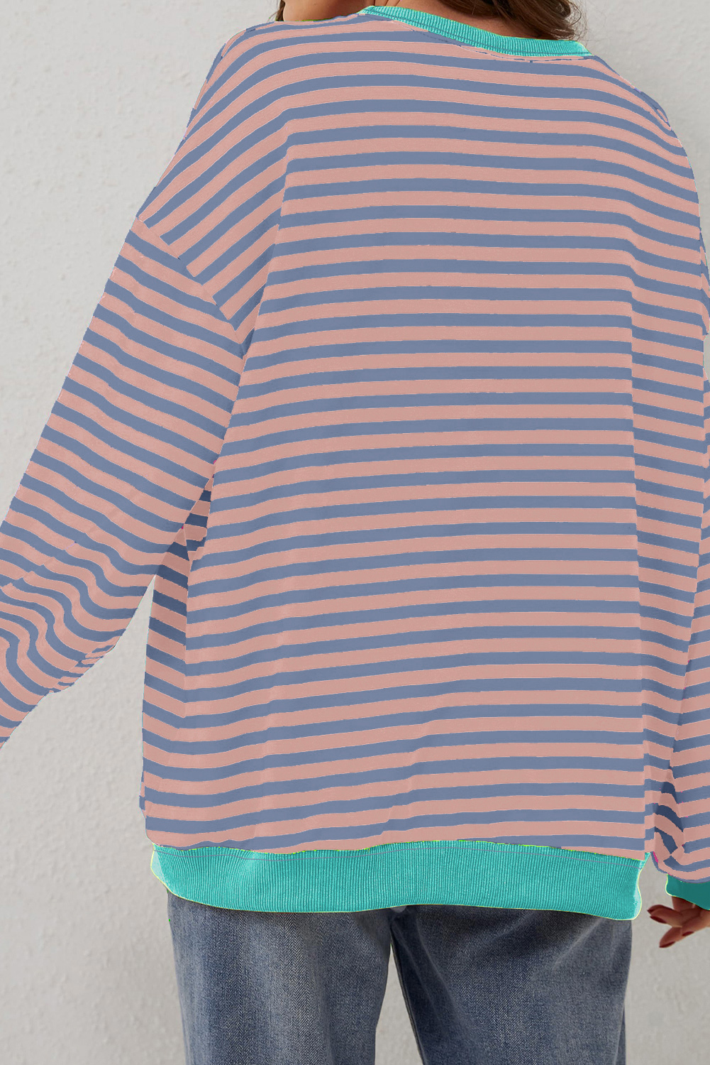 Red Stripe Contrast Ribbed Trim Crossed Stitch Drop Shoulder Sweatshirt - loveforevers