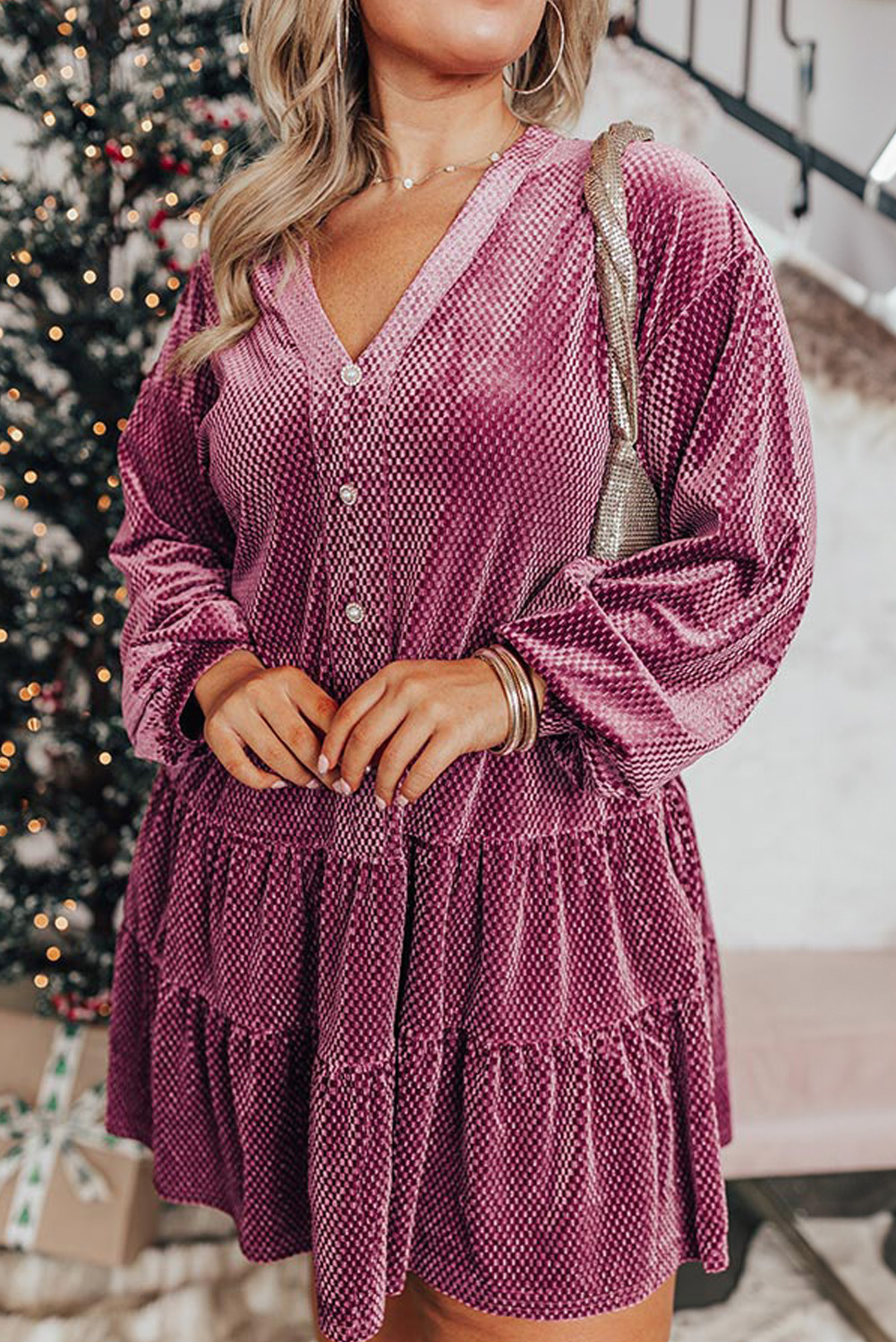 Meadow Mauve Plus Size Textured Velvet Tiered Buttons Tiered Dress - loveforevers