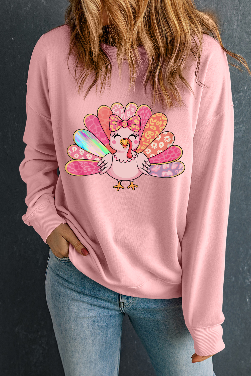 Pink Cute Thanksgiving Turkey Printed Drop Shoulder Sweatshirt - loveforevers