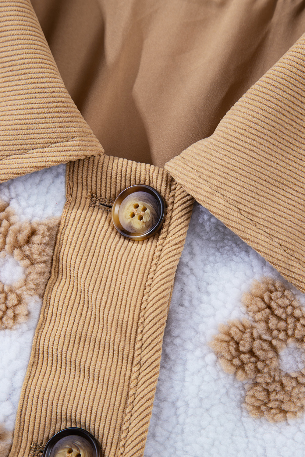 Light French Beige Cute Flower Pattern Button Up Fleece Jacket - loveforevers