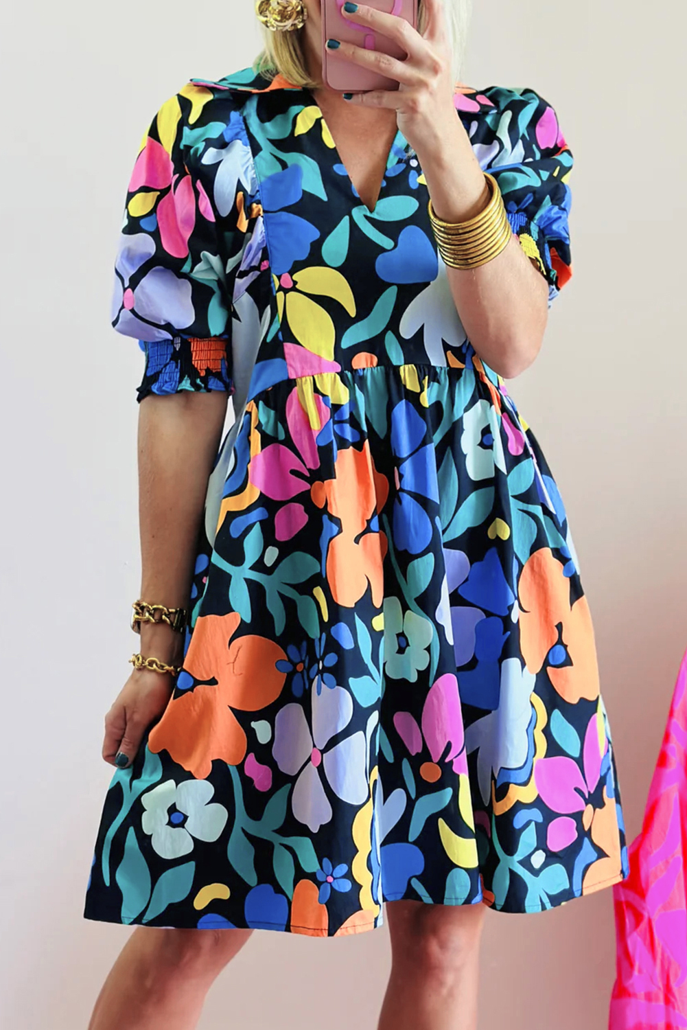 Blue Collared Split Neck Floral Flared Dress - loveforevers