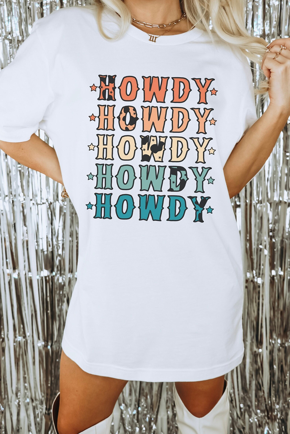 White HOWDY Stars Print Crew Neck Loose Fit T Shirt - loveforevers