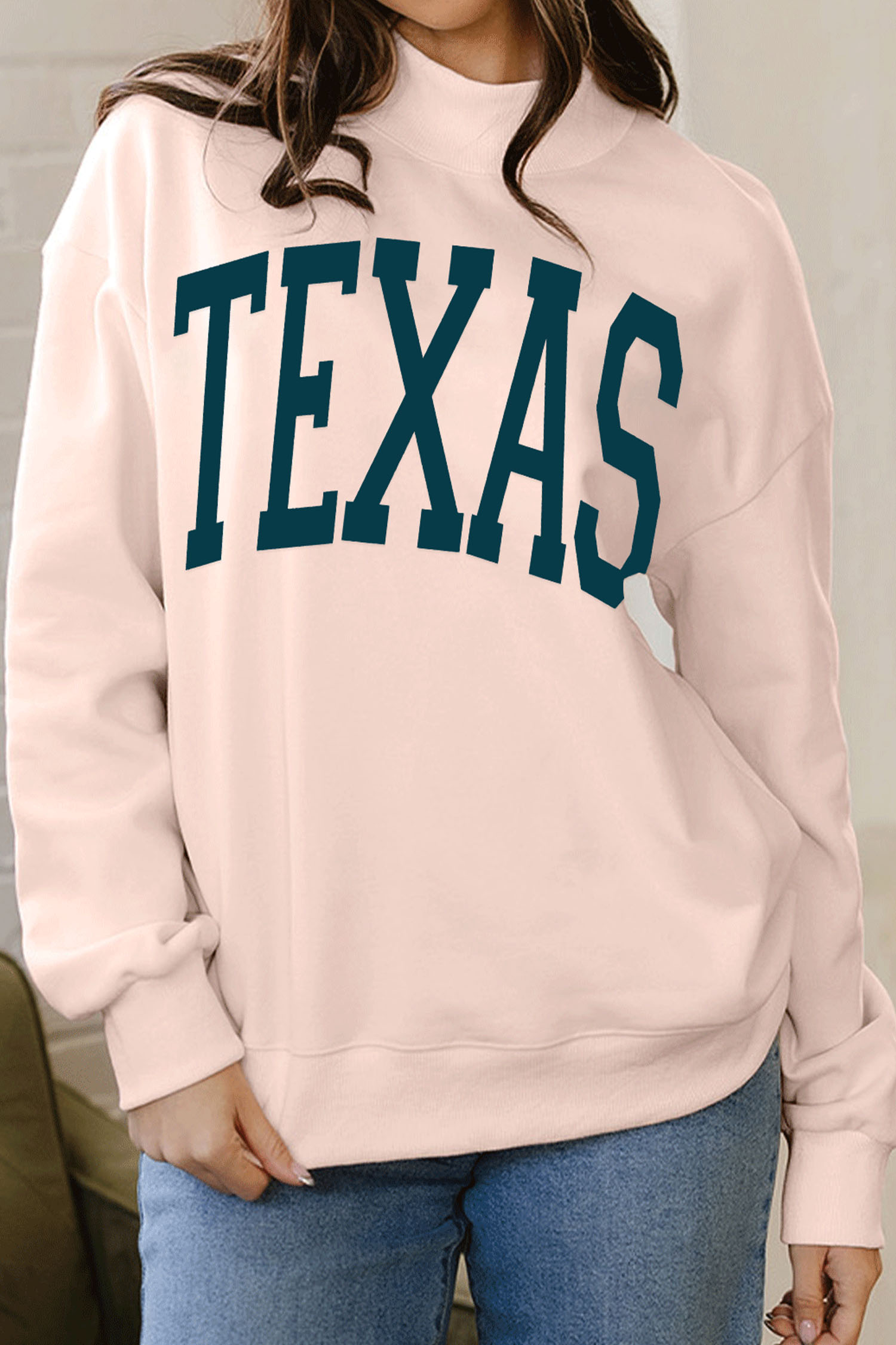 Apricot Pink TEXAS Letter Printed Mock Neck Baggy Sweatshirt - loveforevers