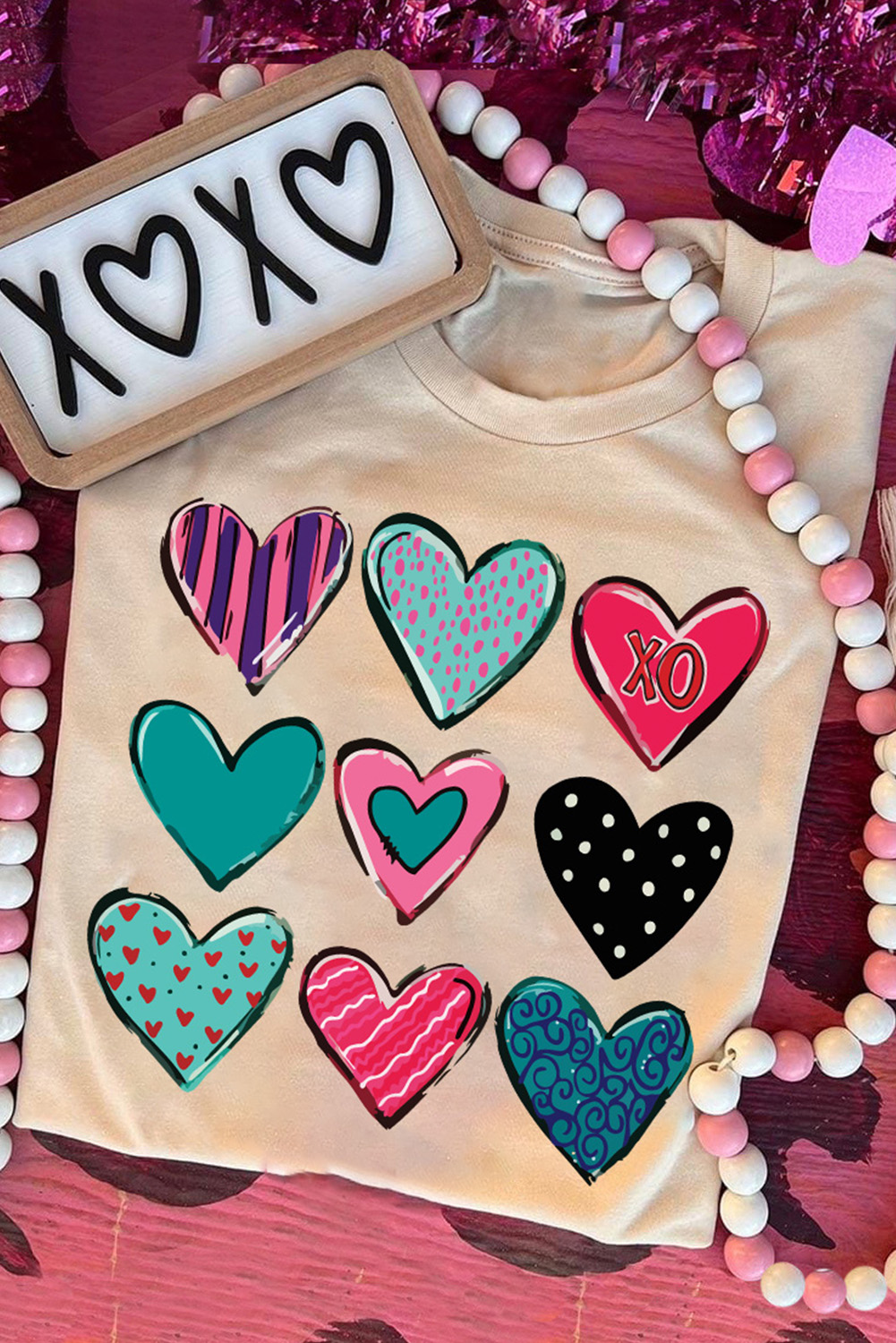 Khaki Valentines Multi Pattern Heart Shape Graphic T Shirt - loveforevers