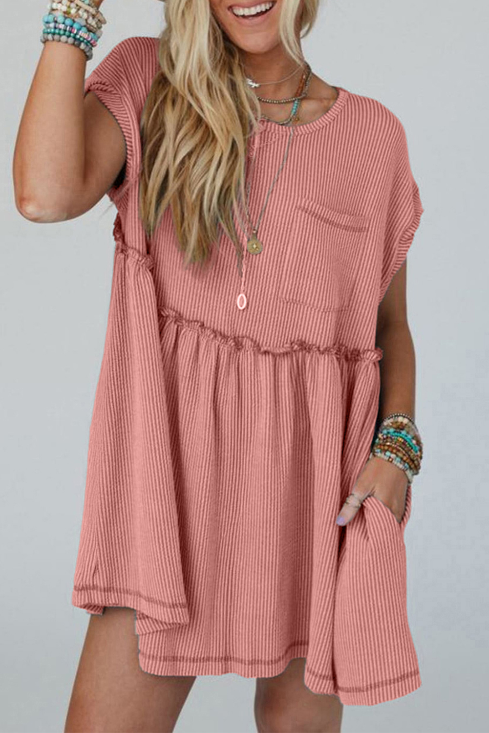 Dusty Pink Corded Knit Textured Patched Pocket Frilled Swing Mini Dress with Pockets - loveforevers