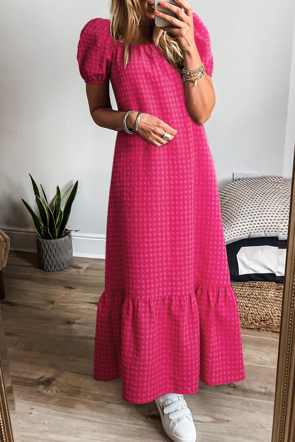 Rose Ginham Check Bubble Sleeve Ruffled Maxi Dress - loveforevers