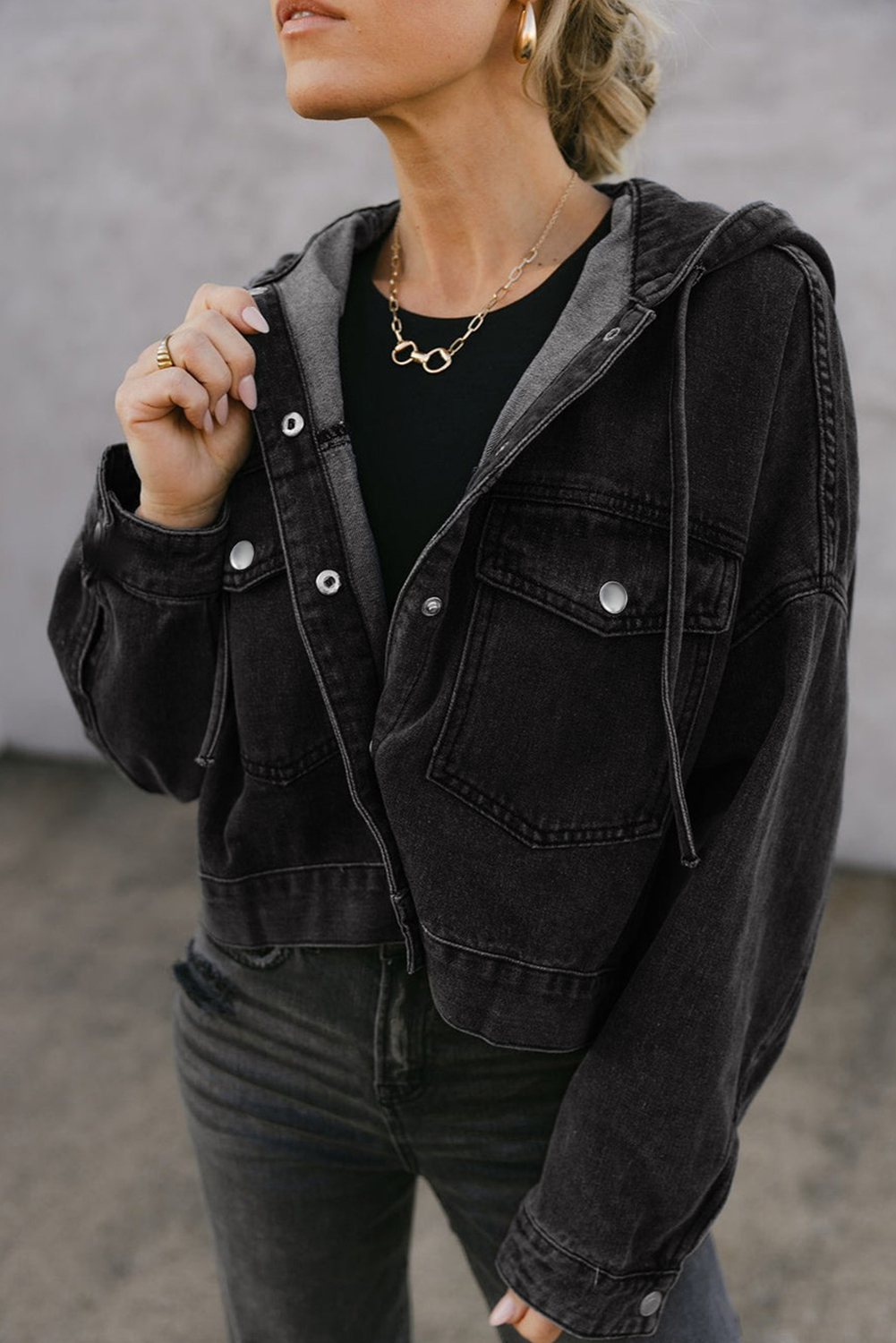 Black Big Chest Pocket Drop Shoulder Hooded Denim Jacket - loveforevers