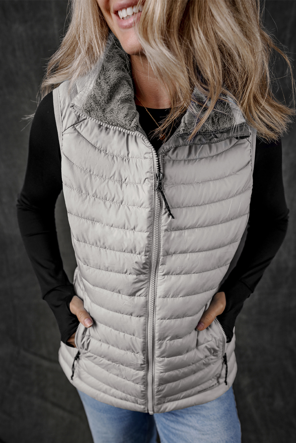 Silvery Plush Collared Quilted Zipped Puffer Vest - loveforevers