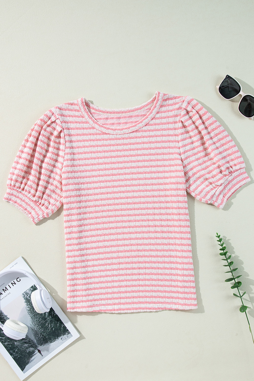 Pink Stripe Textured Puff Sleeve Crewneck Top - loveforevers