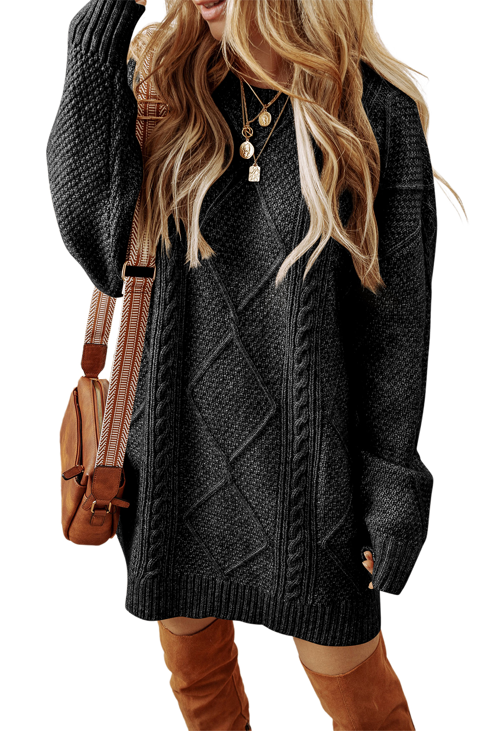 Parchment Cable Knit Drop Shoulder Loose Fit Sweater Dress - loveforevers