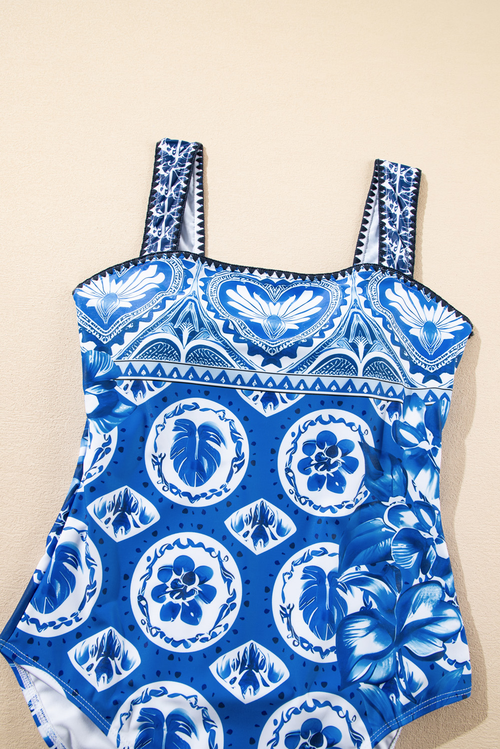 Blue Tile Pattern Ricrac Wide Straps Sheath One Piece Swimsuit - loveforevers