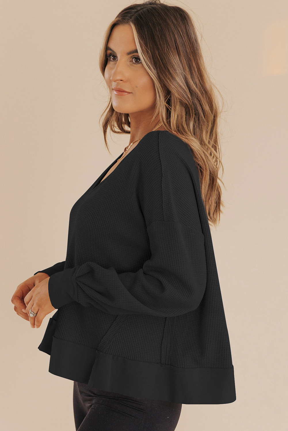 Dark Brown Waffle Knit Notched V Neck Drop Shoulder Solid Sweatshirt - loveforevers