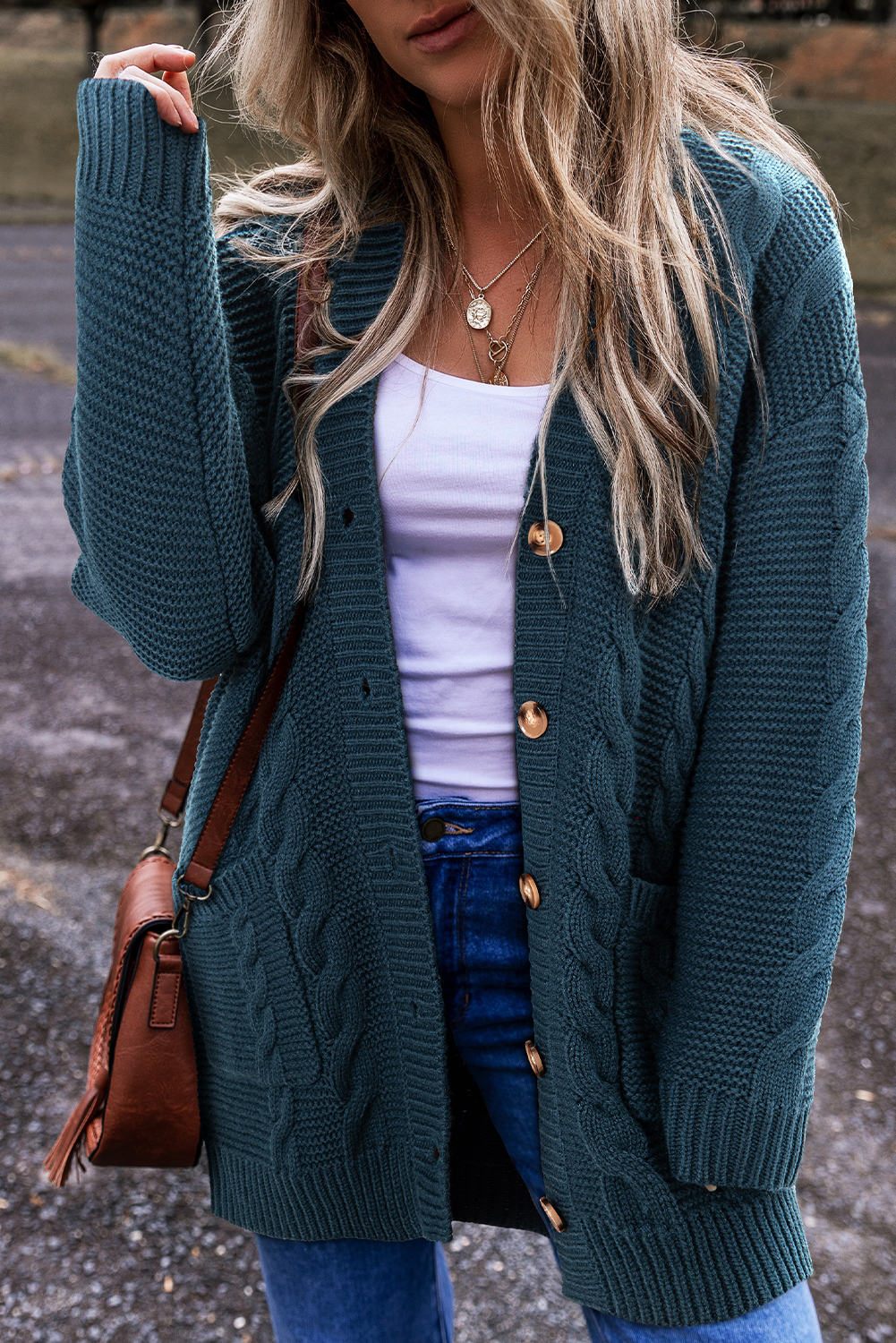 Peacock Blue Cable Knit Button Front Pocketed Baggy Cardigan - loveforevers