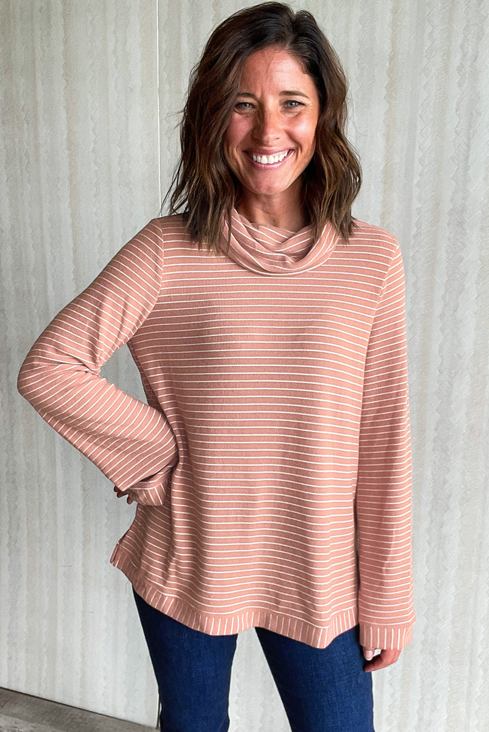Pink Stripe Cowl Neck Side Slits Loose Fit Long Sleeve Top - loveforevers