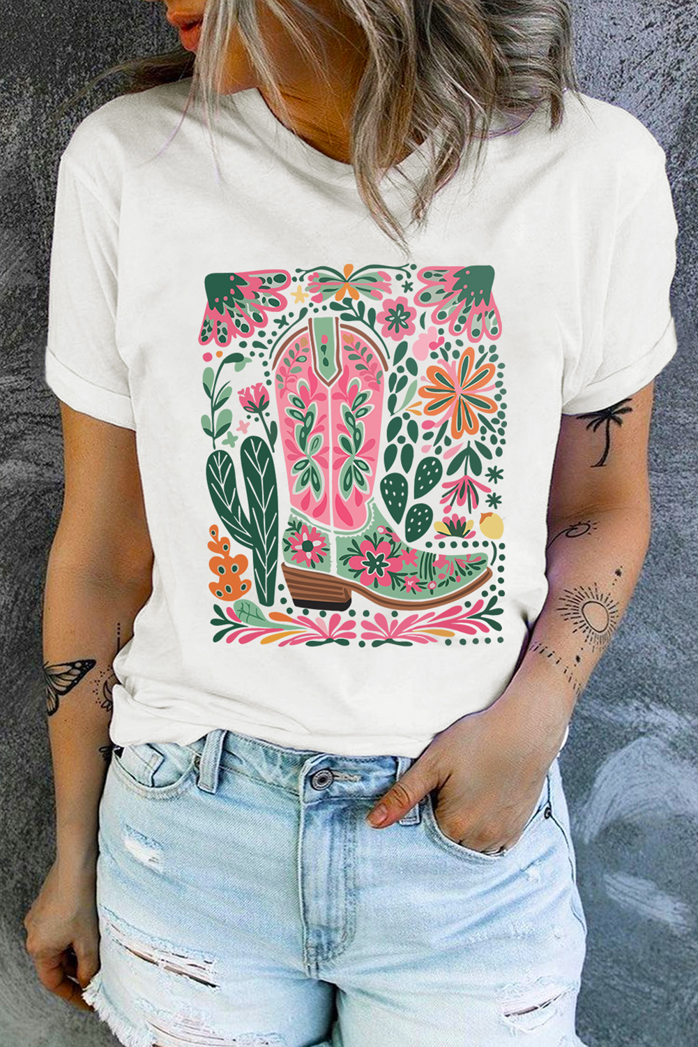 White Western Boot Flower Print Crew Neck Loose Tee - loveforevers