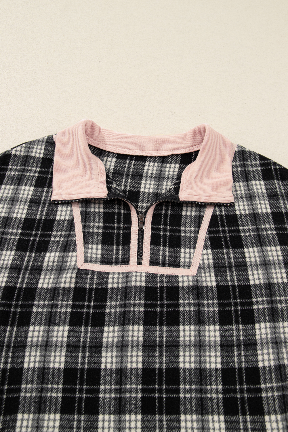 Black Plaid Polo Collar Zip up Contrast Trim Shift Long Sleeve Mini Dress - loveforevers