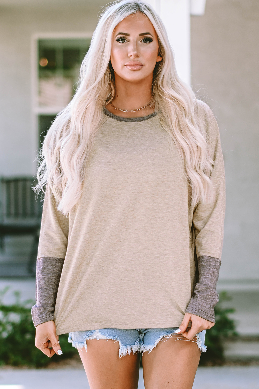 Khaki Contrast Cuffs Batwing Sleeve Loose Top - loveforevers