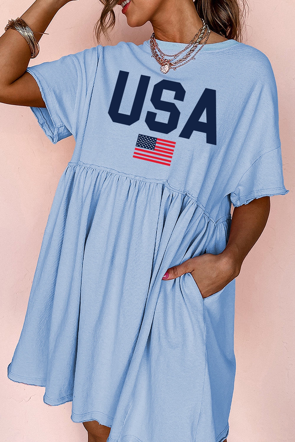 Sky Blue USA Flag Print Short Sleeve High Waist Babydoll Dress - loveforevers