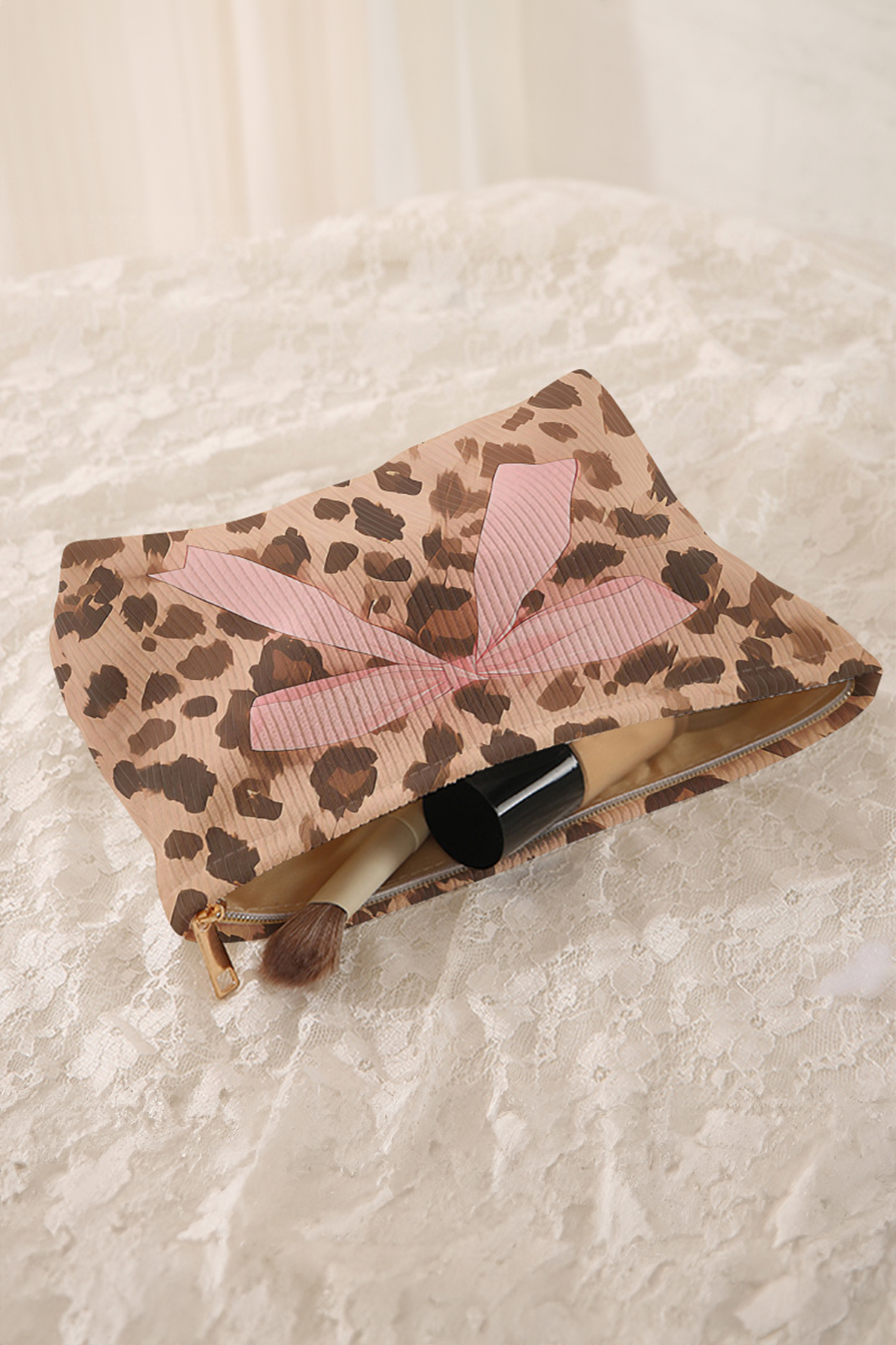 Camel Ribbon Bow Leopard Print Ribbed Cloth Makeup Bag - loveforevers