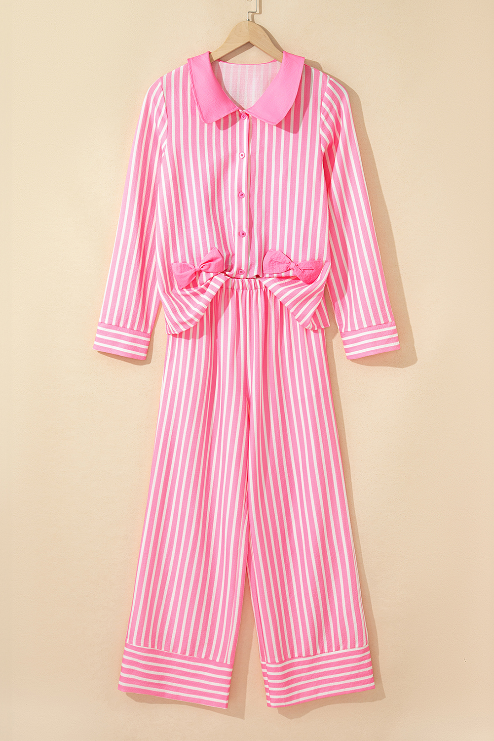 Pink Stripe Buttoned Front Long Sleeve Top and Pants 2 Piece Sleepwear - loveforevers