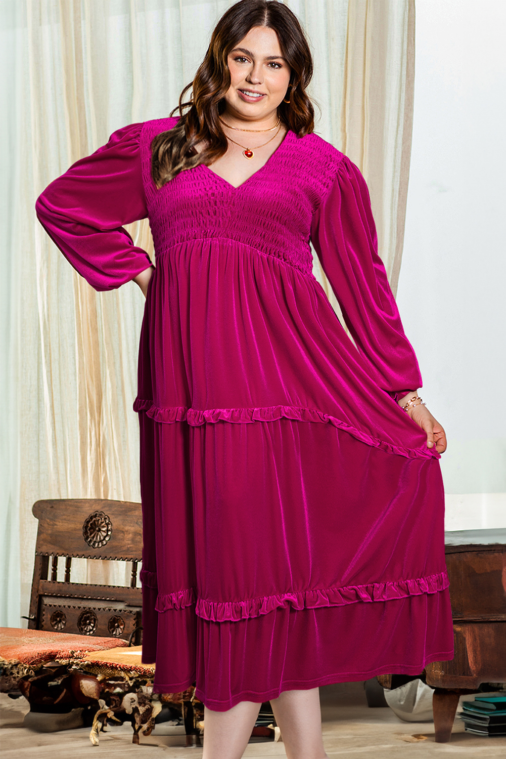 Rose Red Shirred V Neck Tiered Ruffled Velvet Plus Size Maxi Dress - loveforevers