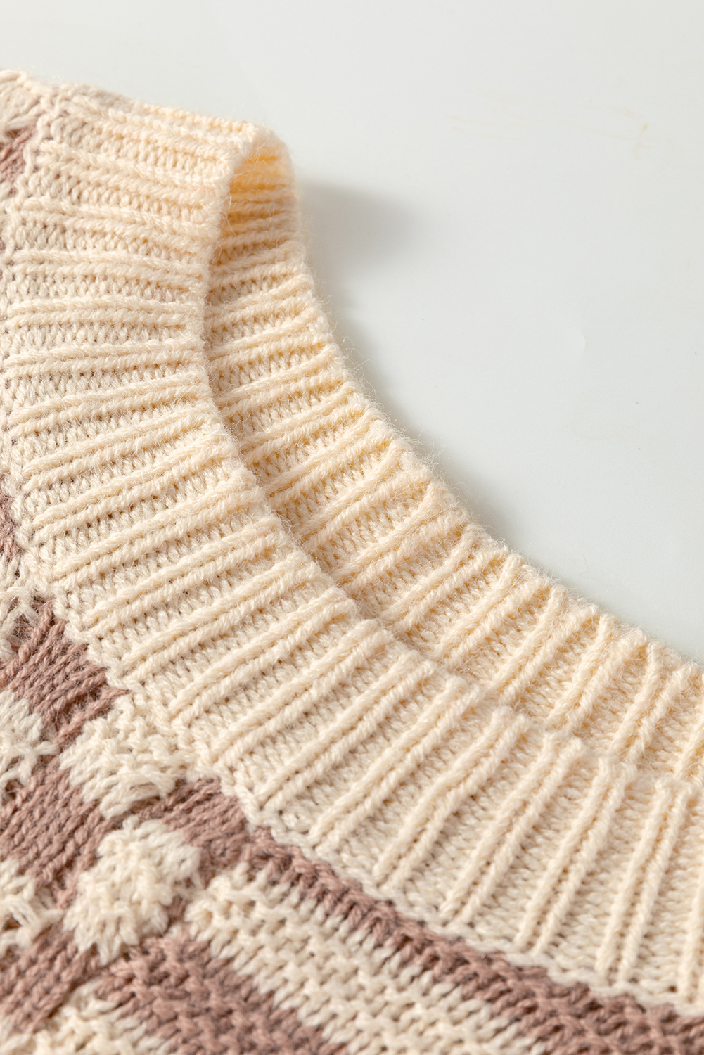 Khaki Stripe Checkerboard Drop Shoulder Balloon Sleeve Sweater - loveforevers